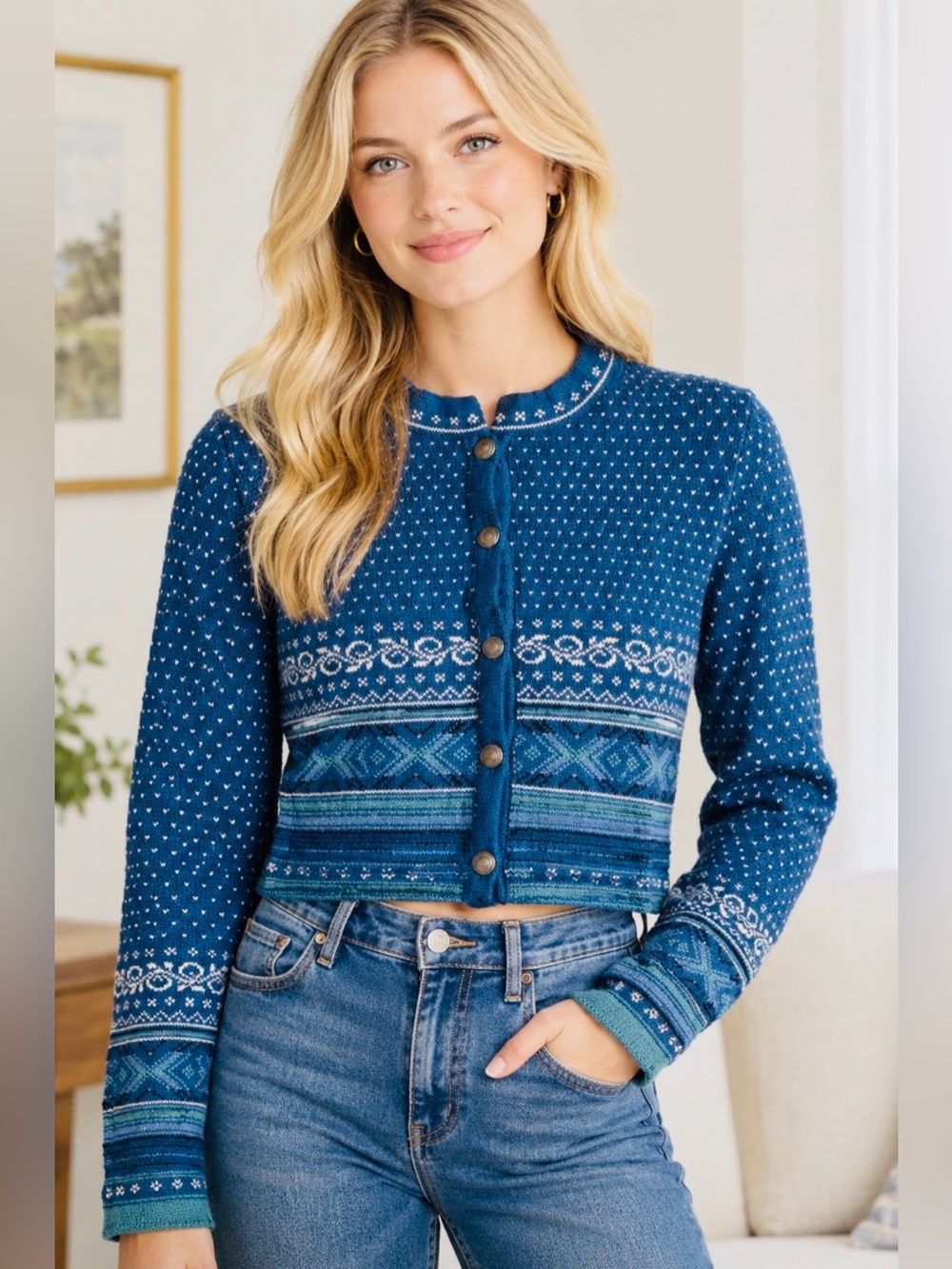 Dale of Norway Blue Fair Isle Cropped Length 100% Wool Buttoned Cardigan Sweater